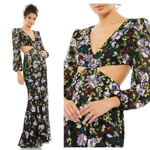 Mac Duggal Floral Sequined Cutout Waist Formal Gown Size 4 $598 5566 - Picture 1 of 14